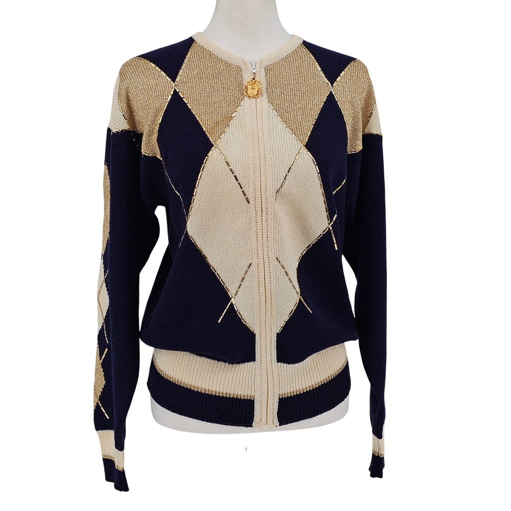 Antonella Preve Argyle Cardigan SP Navy Gold Embellished Vintage Designer USA